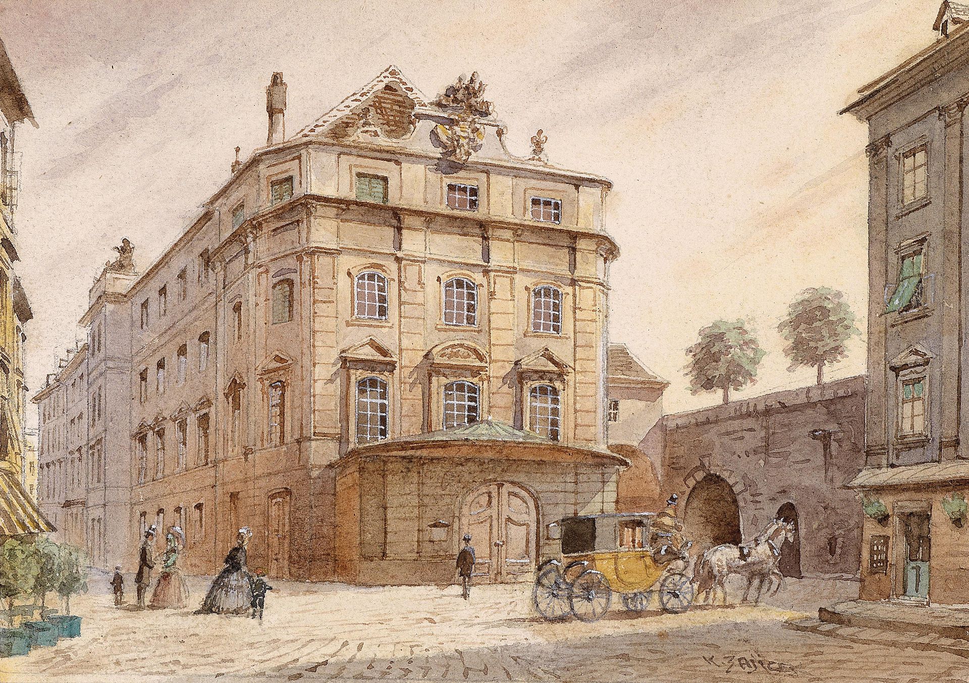 Il Kärntnertortheater di Vienna in una veduta di Karl Wenzel Zajicek