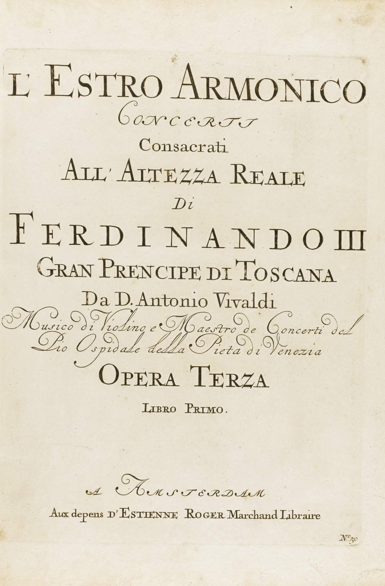 Frontespizio della prima edizione de L Estro Armonico, Amsterdam, Estienne Roger