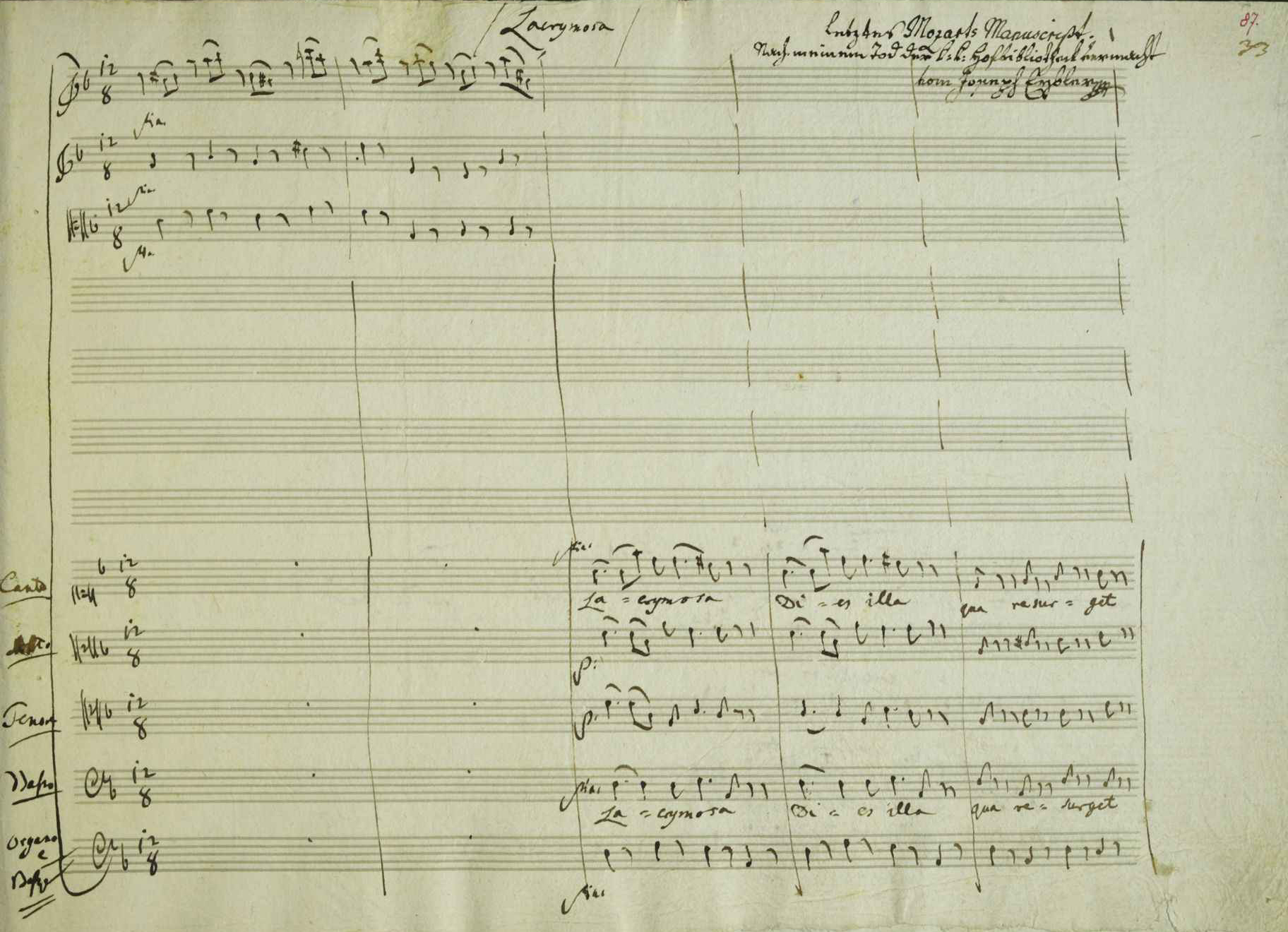 Il Lacrimosa del Requiem nell’autografo di Mozart, prime battute